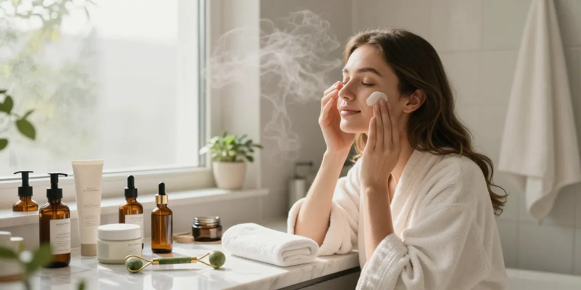 Femeie bucurându-se de rutina ei de îngrijire a pielii într-o atmosferă liniștită a băii, cu produse de frumusețe elegante.