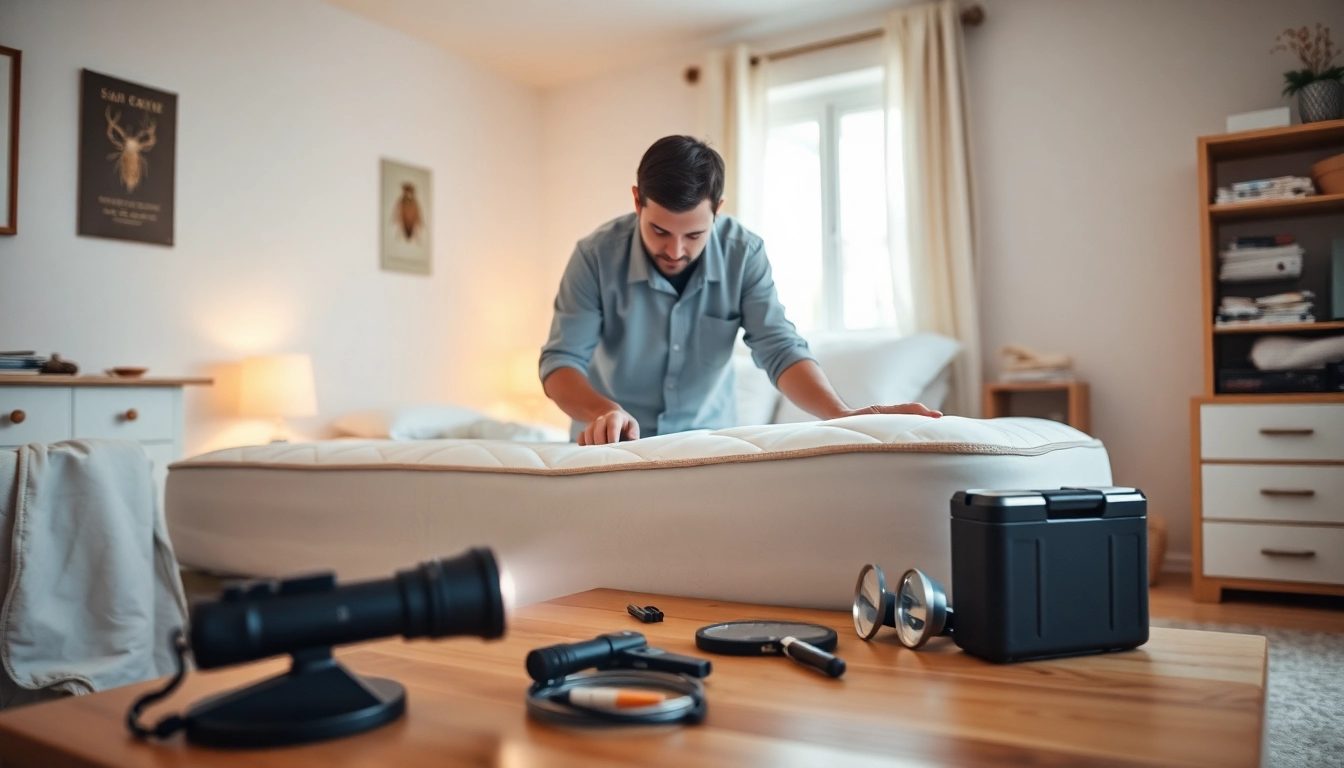 A pest control technician reviews bed bug treatment cost effectiveness in an organized bedroom.