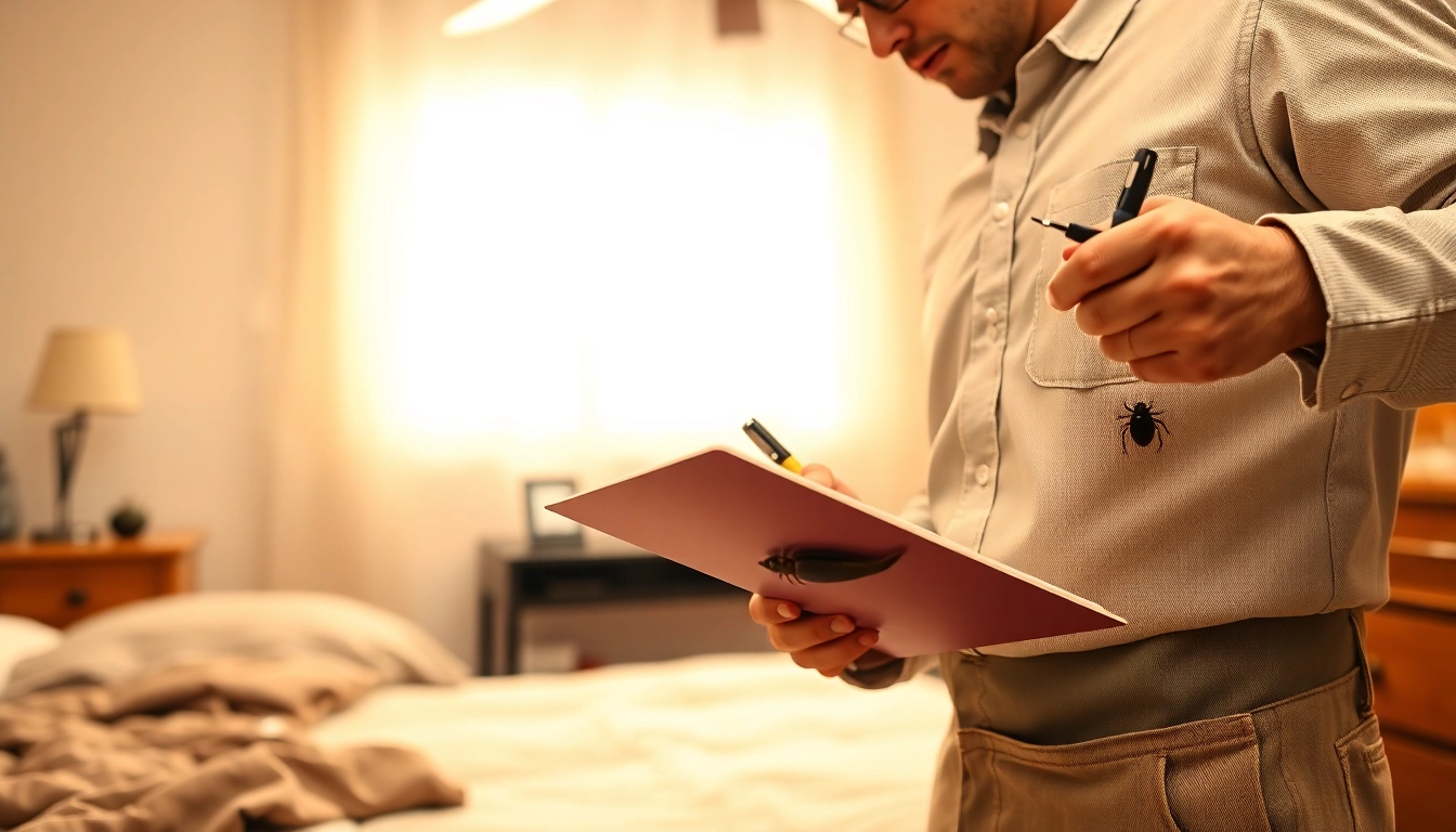 Assessing bed bug treatment cost with a pest control expert in a home setting.