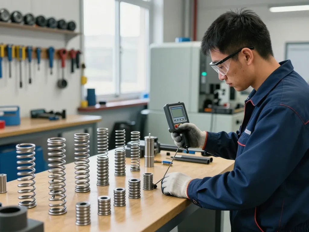 Tehnician măsurând arcuri tractiune într-un mediu industrial luminos