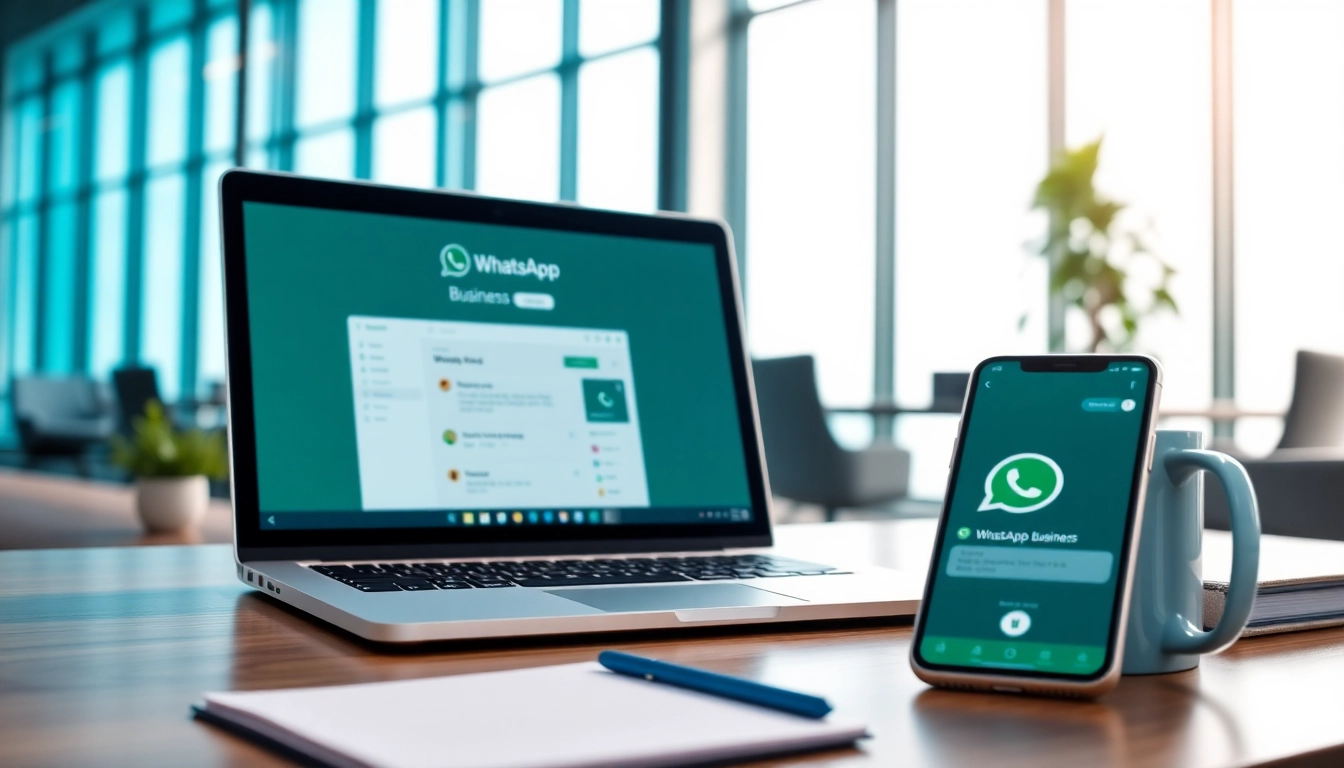 Showcase WhatsApp Business CRM on a laptop in a modern office setting, emphasizing productivity.