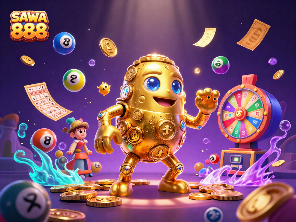 Engage with thrilling slots and games at SAWA 888, featuring a vibrant 3D golden golem.