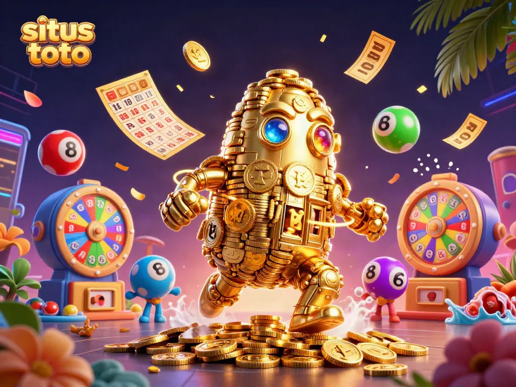 Engage with situs toto gaming through vibrant lottery elements and an animated golden golem.