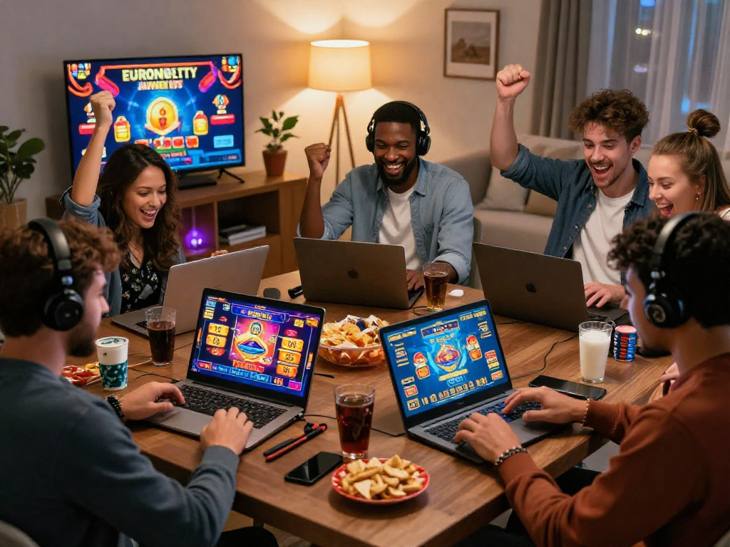 Players enjoying various games at european online casinos in a cozy home setting, celebrating wins with excitement.