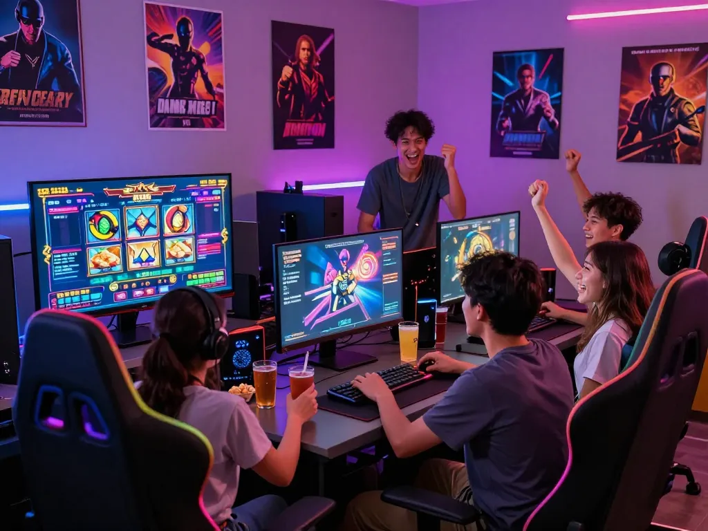 Teman-teman menikmati pengalaman bermain game online di ruang permainan yang meriah, menampilkan kegembiraan slot gacor hari ini.