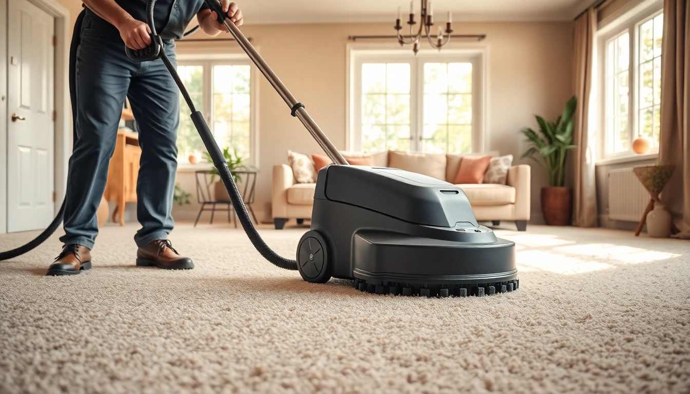 Professional carpet cleaning business technician cleaning a luxurious carpet in a vibrant living room.