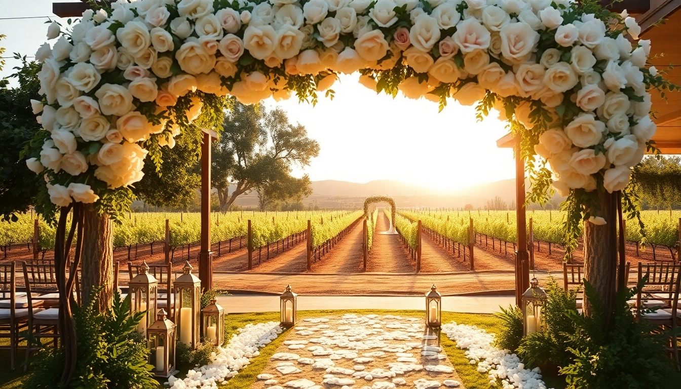 Stunning Clarksburg, CA weddings ceremony setup under a floral arch in a vineyard.