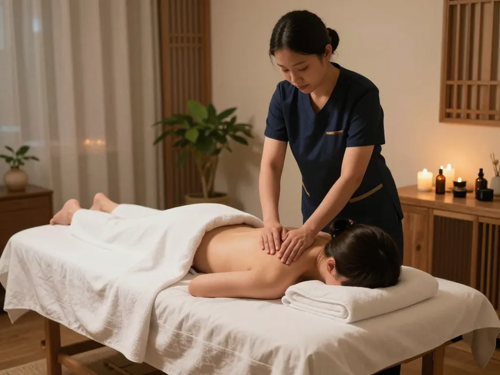 Relaxation scene of a 부전동마사지 therapist providing a calming massage in a tranquil spa environment.