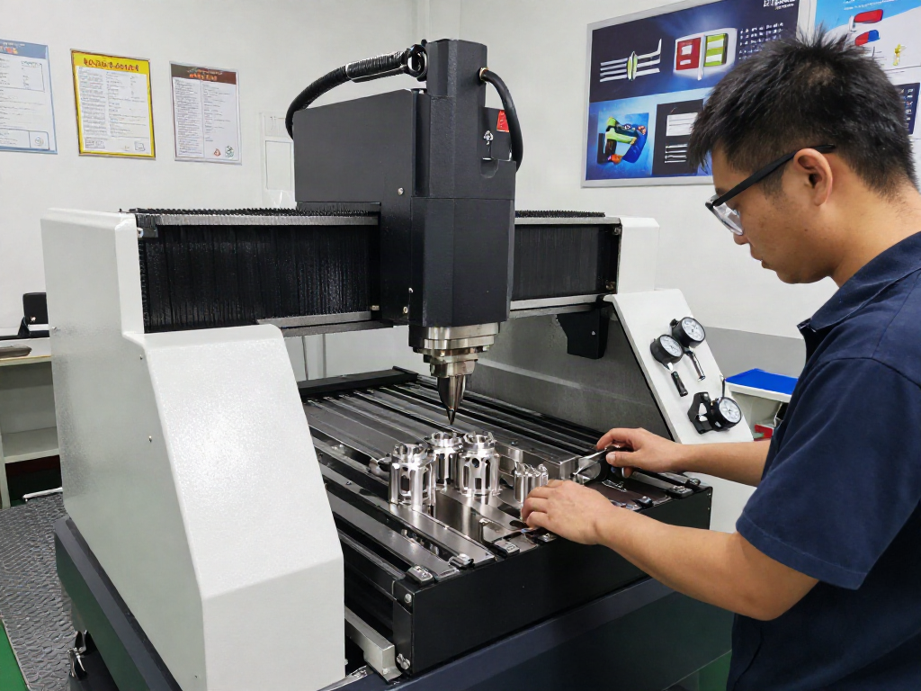 Precision CNC machining supplier at work with technician operating advanced milling machine in a professional workshop.