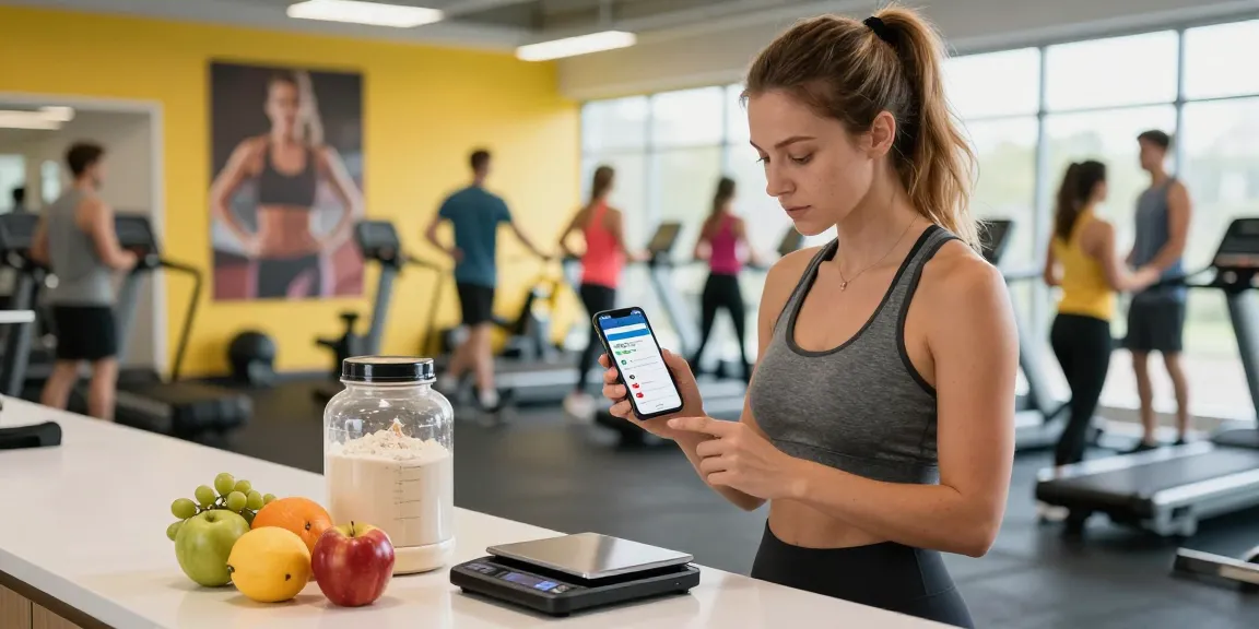 Using the best macro tracker app, an athlete measures ingredients in a gym setting to optimize post-workout nutrition.