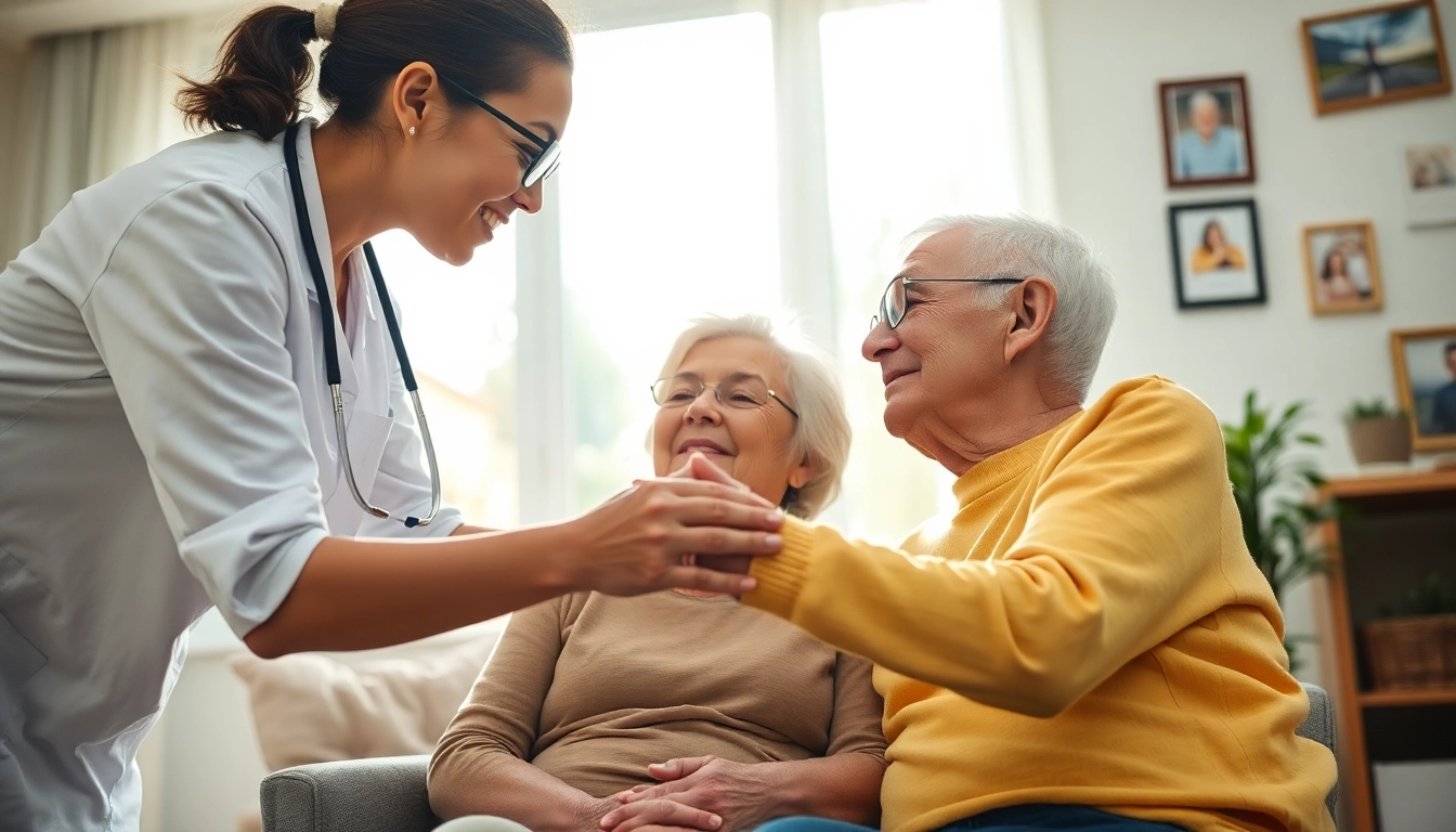 At home health care provider engaging with an elderly patient in a homely setting.