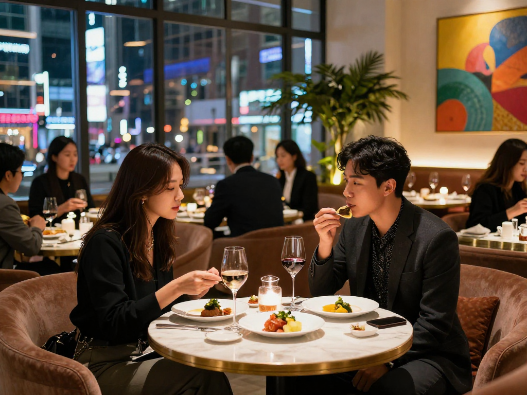 강남 달토의 고급 레스토랑에서 식사를 즐기는 커플의 모습