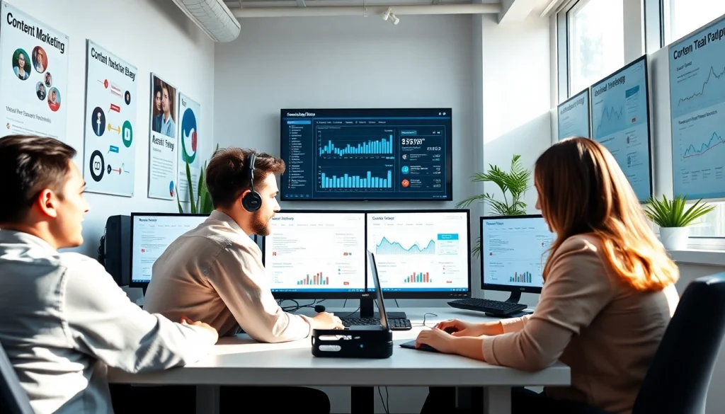 YouTube smm panel team discussing strategies in a vibrant and modern workspace.