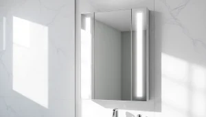 Entdecken Sie den eleganten sonni Spiegelschrank mit integrierter Beleuchtung im modernen Badezimmer.