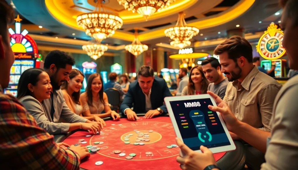 MM88 showcases players betting at a lively casino poker table, rich with chips and excitement.