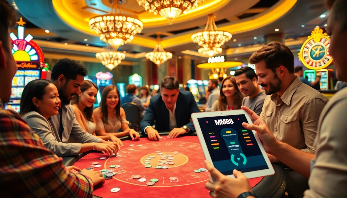 MM88 showcases players betting at a lively casino poker table, rich with chips and excitement.