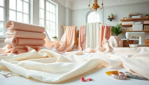 Creëren met mousseline stof in een serene naaiatelier met kleurrijke materialen.