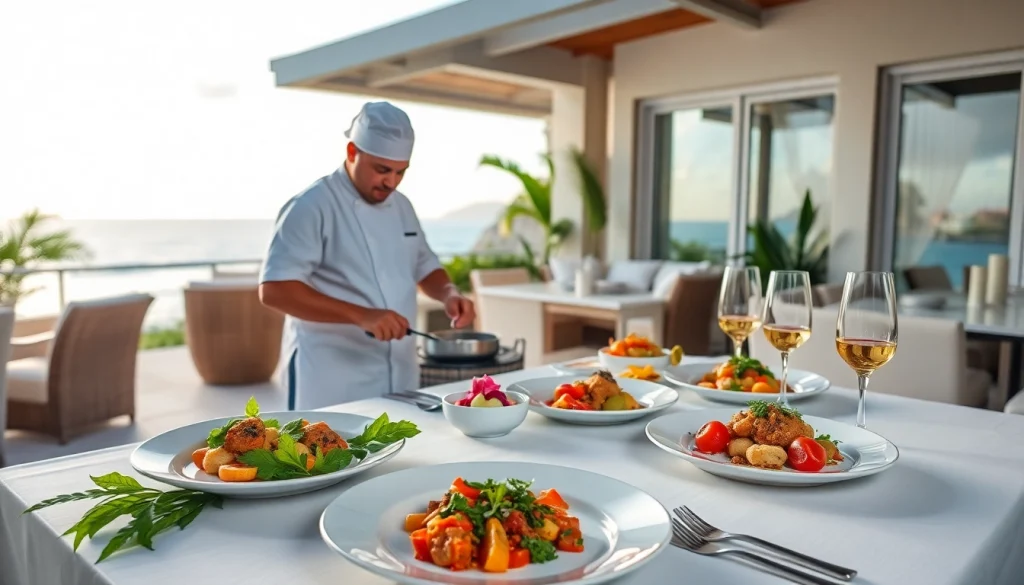 Sint Maarten private chef crafting a gourmet dish in an elegant villa setting.