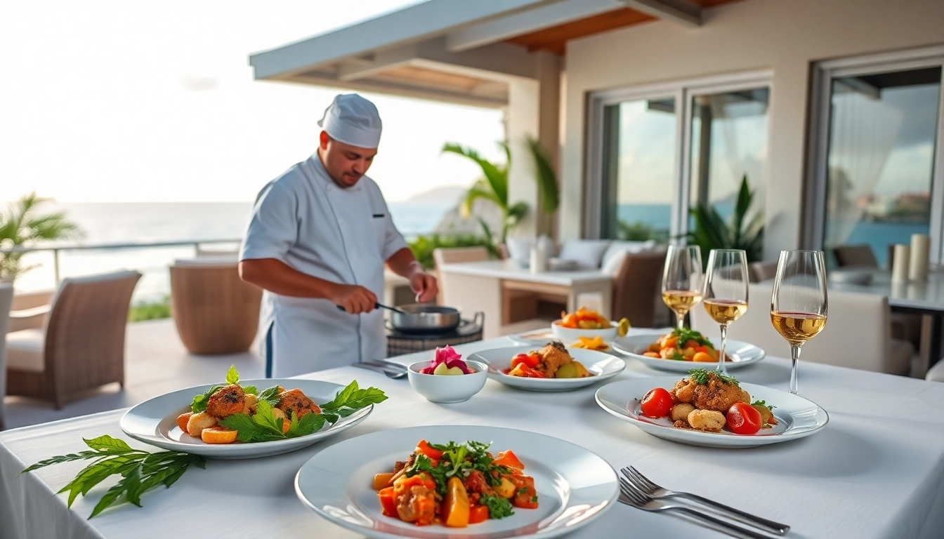 Sint Maarten private chef crafting a gourmet dish in an elegant villa setting.