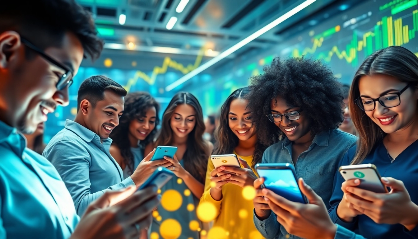 Cloud mining app showcasing diverse users engaged with digital cryptocurrency technology.