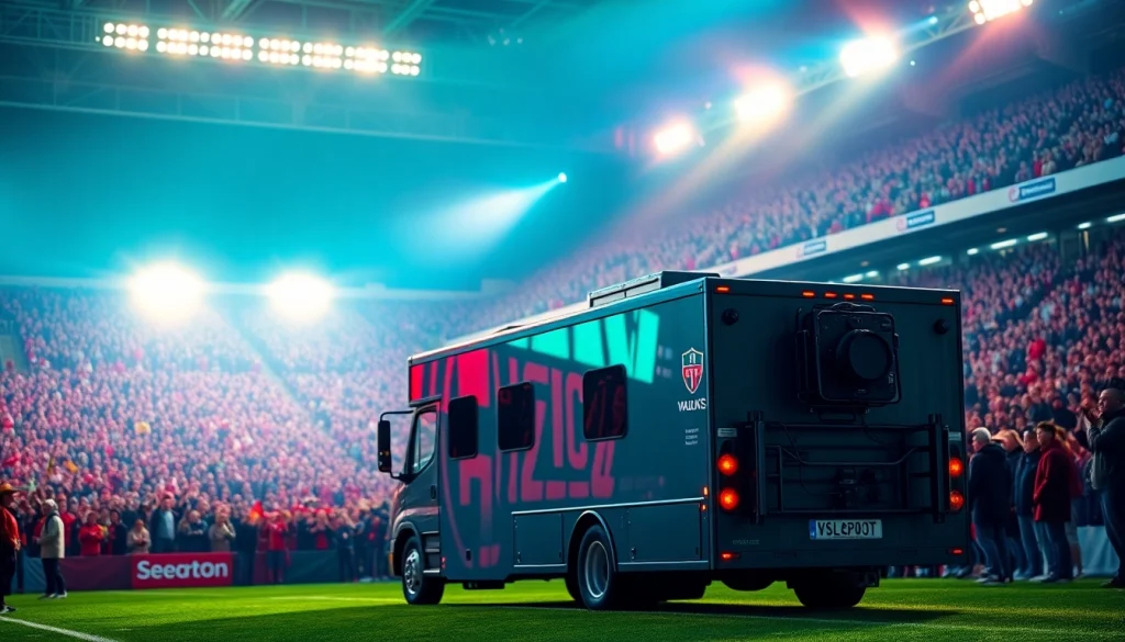 Showcasing mobile production services during a live event with a HD production truck and enthusiastic crowd.