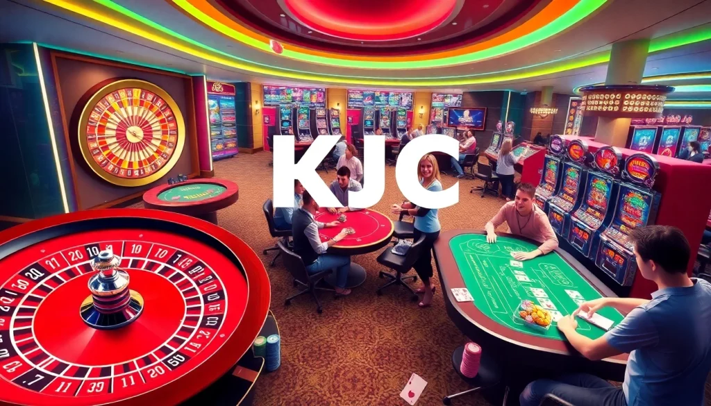An exciting casino scene showcasing roulette and poker promoting KJC AC 3.