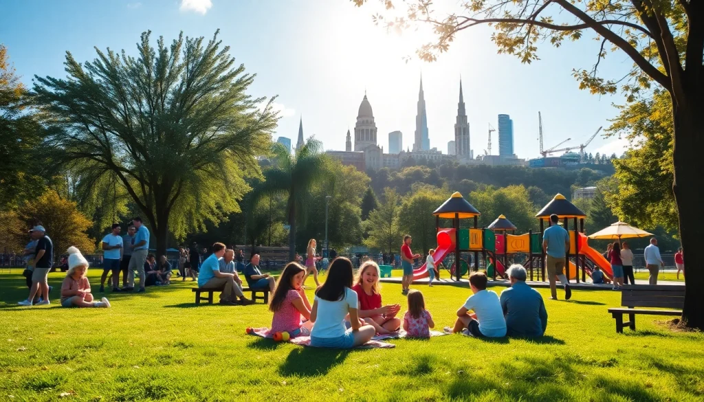 Families enjoying various activities & attractions in a vibrant park setting under bright sunlight.