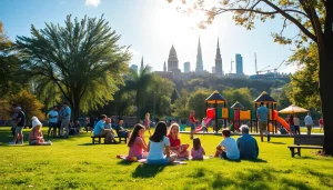 Families enjoying various activities & attractions in a vibrant park setting under bright sunlight.