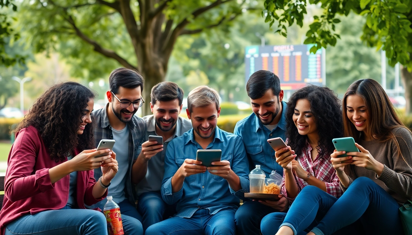 Enthusiastic bettors exploring the best sports betting sites India in a lively park atmosphere.