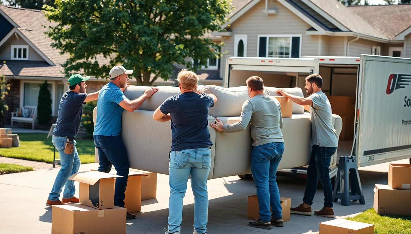 Toronto movers efficiently lifting a sofa during a residential move, demonstrating teamwork and professionalism.