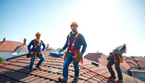 Experience reliable roofing services with professional team members working on home rooftops.