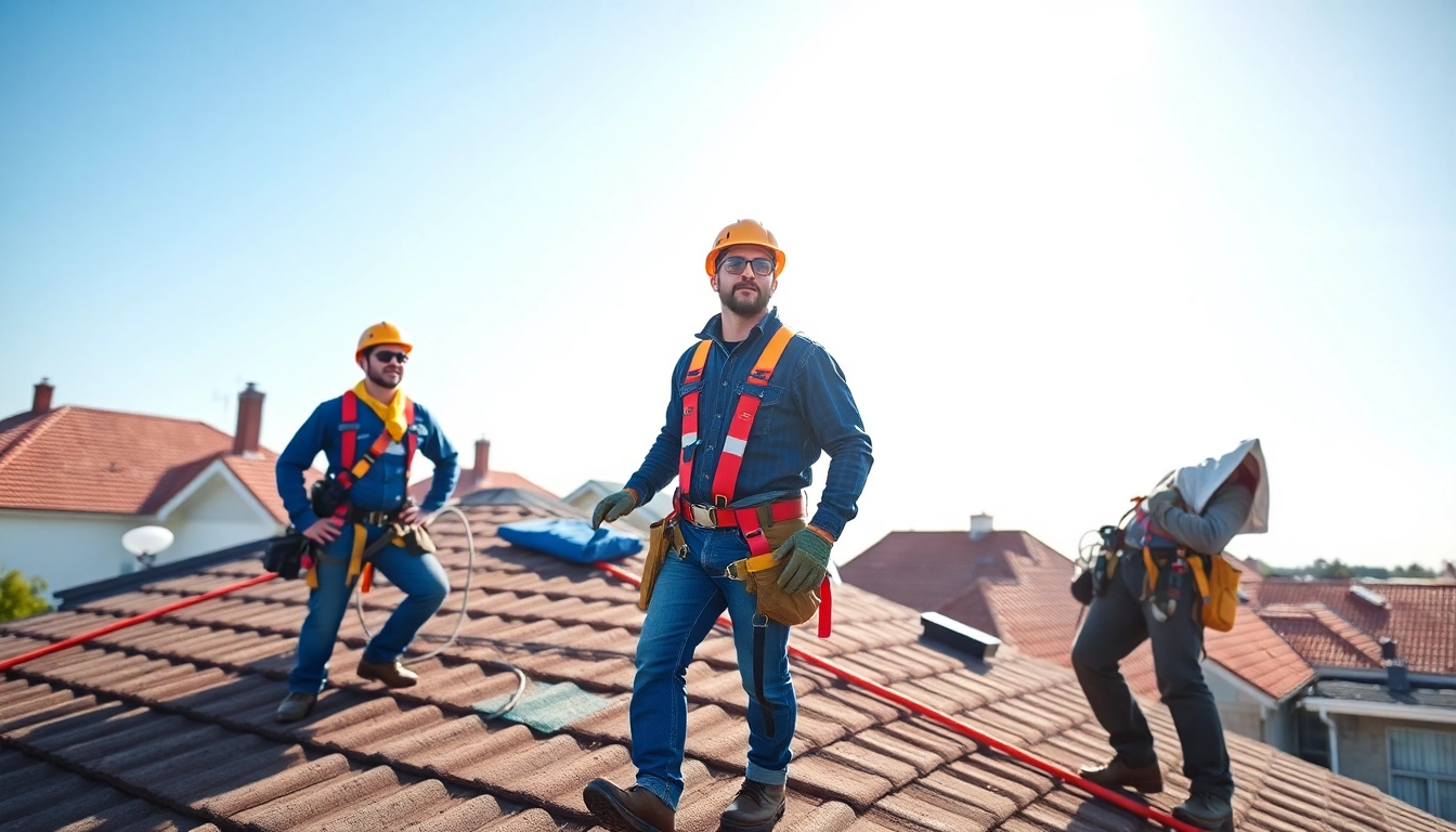 Experience reliable roofing services with professional team members working on home rooftops.