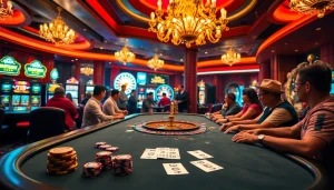 A vibrant casino scene with players at a poker table and slot machines, highlighting the excitement of gambling at https://xx88.bar/.