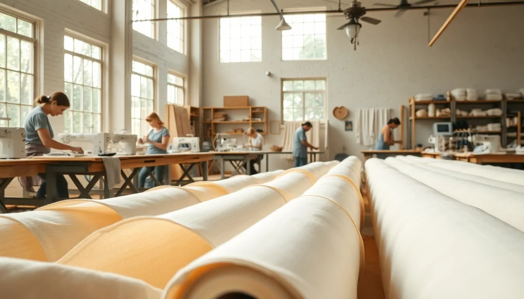 Ongebleekt katoenrollen in een naaiatelier met vakvrouwen aan het werk.