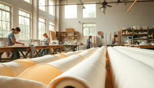 Ongebleekt katoenrollen in een naaiatelier met vakvrouwen aan het werk.