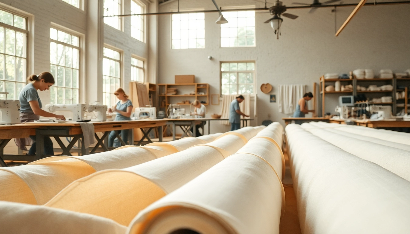Ongebleekt katoenrollen in een naaiatelier met vakvrouwen aan het werk.