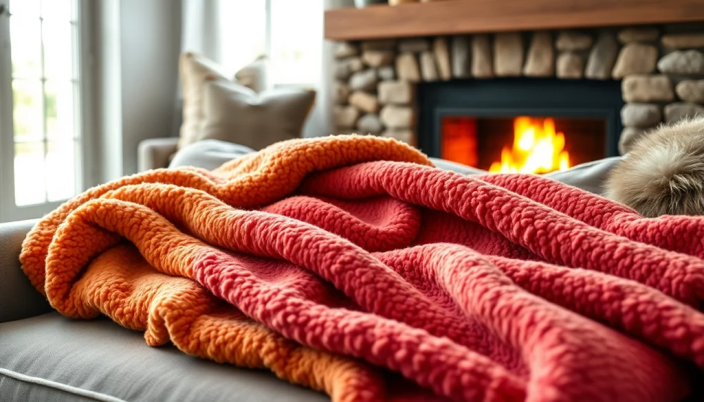 Fleece dekens en kussens creëren een gezellige sfeer in de woonkamer.