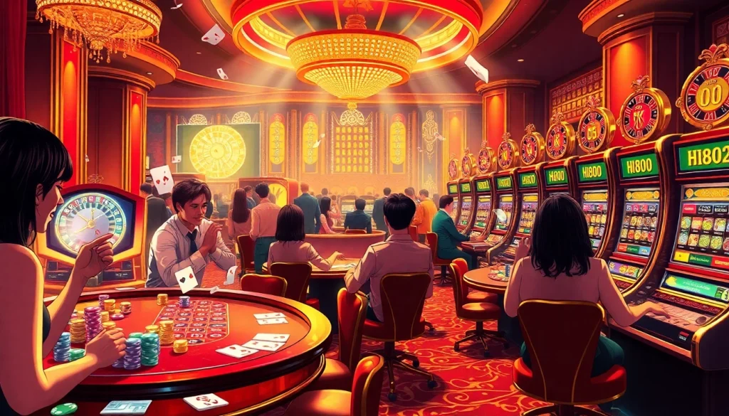 Experience the thrilling atmosphere of Hi8802 with lively players at casino tables and jackpots spinning on slot machines.