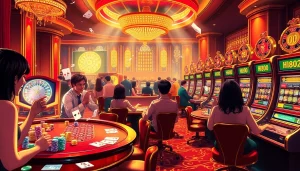 Experience the thrilling atmosphere of Hi8802 with lively players at casino tables and jackpots spinning on slot machines.