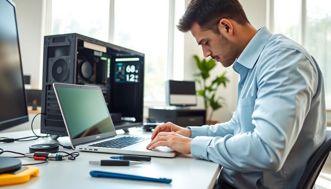 Provide expert computer service with a technician working on repairs in a bright and organized workspace.