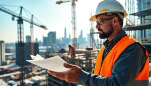 Engaging New York Construction Manager inspecting a construction site with workers.