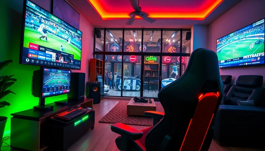 오징어티비의 생생한 스포츠 중계 화면을 보여주는 현대적인 TV 설정을 보여줍니다.