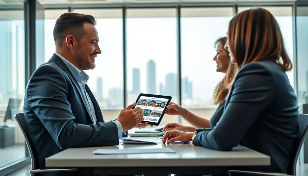 Real Estate agent showcasing properties on a digital tablet in a modern office setting.