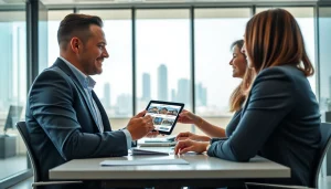 Real Estate agent showcasing properties on a digital tablet in a modern office setting.