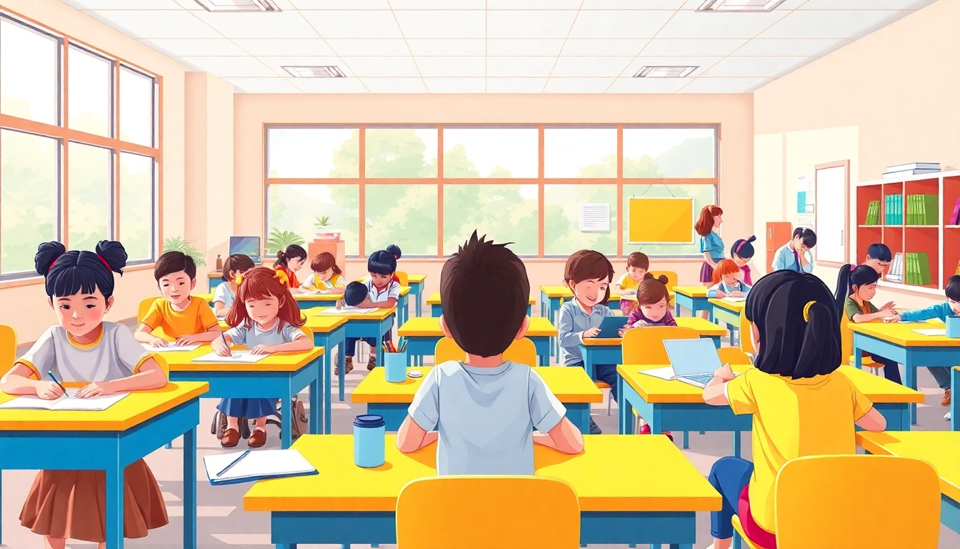 Children engaging in various activities related to Education in a vibrant classroom setting.