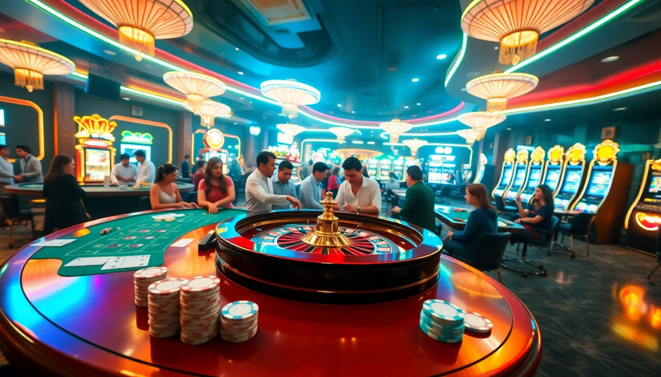 Experience the excitement of Trang chủ MM88 as players engage at a vibrant casino table surrounded by poker chips and slot machines.