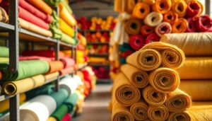 Katoen stoffen met levendige kleuren in een creatieve werkplaats