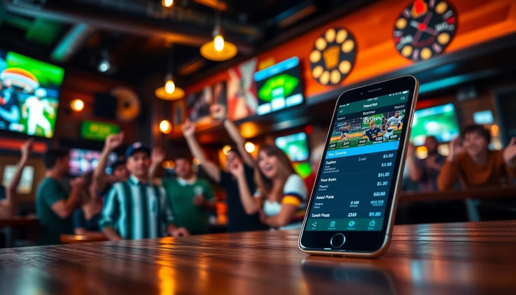 Engaging view of sports betting apps South Carolina displayed on a smartphone in a lively sports bar setting.