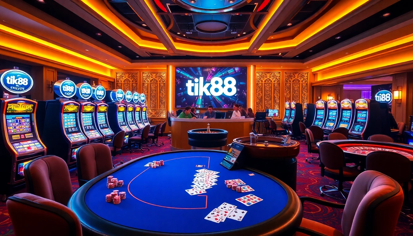 Hoạt động chơi game đầy hứng thú tại casino tik88 với bàn poker và máy đánh bạc.