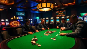 Action-packed casino scene showcasing a poker table with players and promotional displays for 상품권카드.